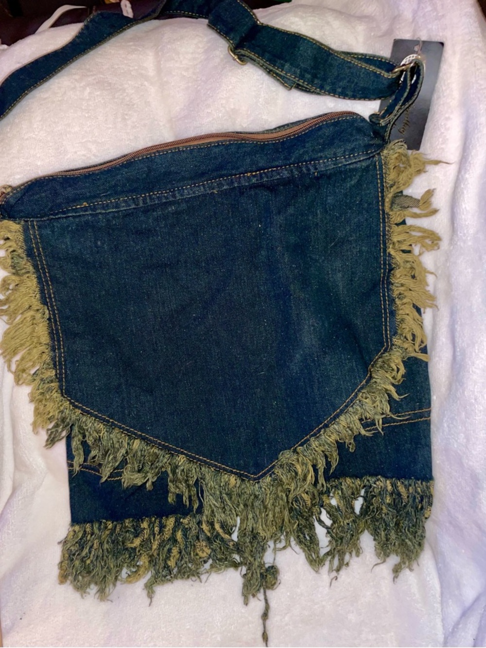 Denim Fringe Zip Pouch - Blue